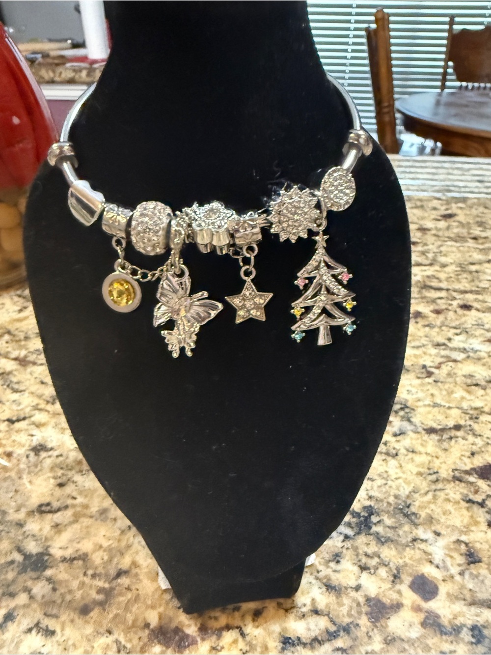 Silver Holiday Charm Necklace with Yellow Crystal and Multi-Accent Charms